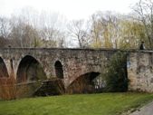 Bridge into Pamplona-note Camino arrow on bridge (right)